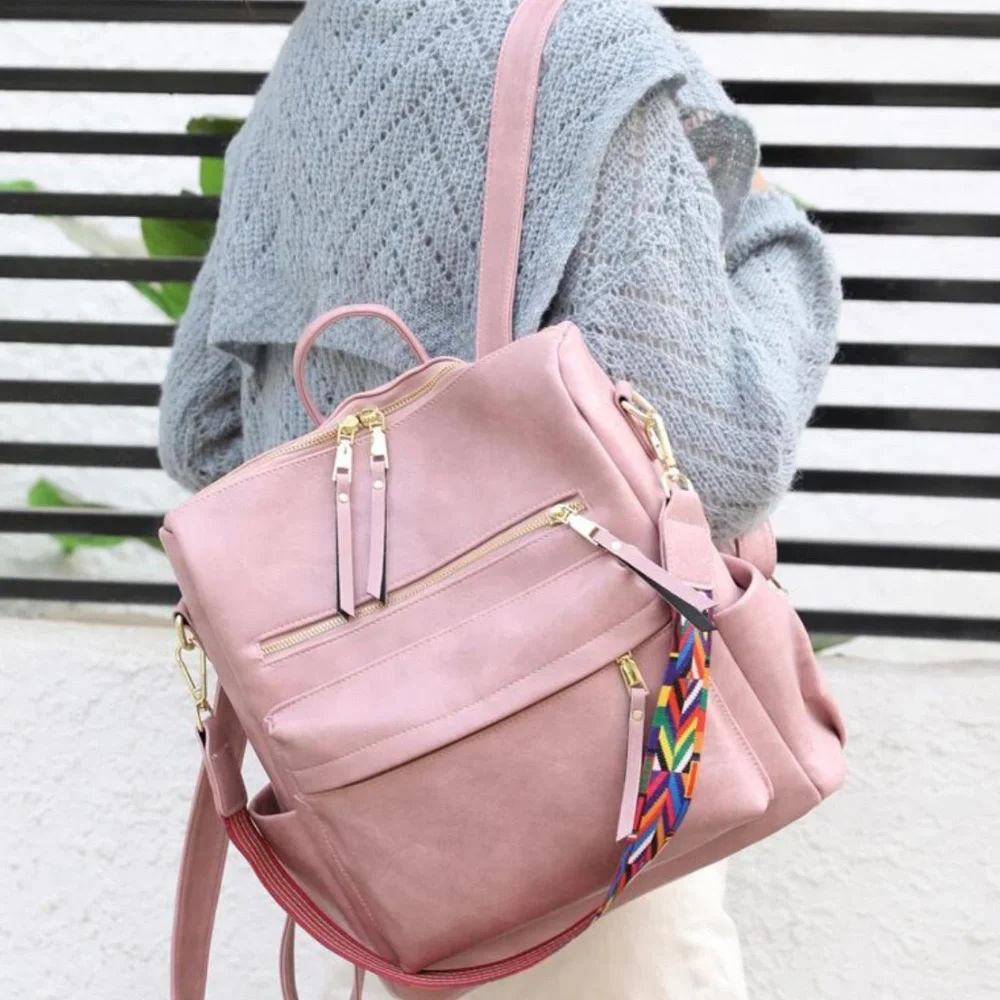 Luxe Vegan Leather Colorful Strap Backpack Shoulder bag - Picture 5 of 13